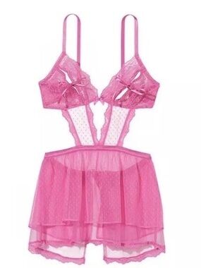 Victoria's Secret Very Sexy Hot Pink Sheer Dotted Mesh Lace Babydoll Chemise L